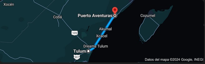 distance entre puerto aventuras et tulum